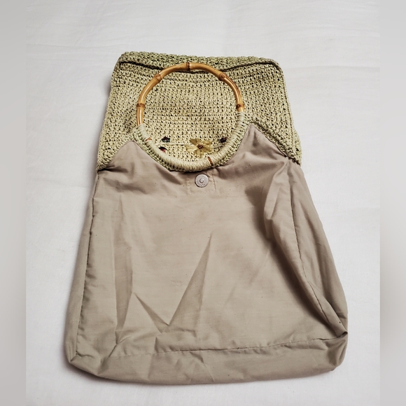 Vintage Fun Summer Straw Handbag With Bamboo Handles Floral Embroidered Boho - Picture 7 of 13